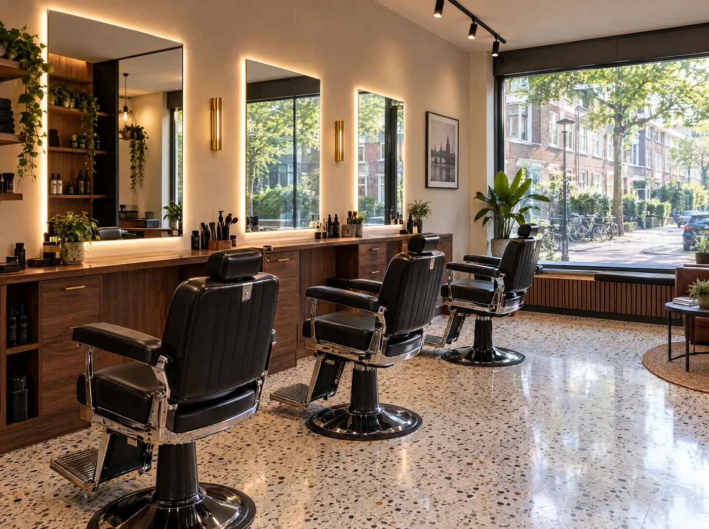 Sfeerbeeld: barbershop met leren stoelen en ronde spiegels